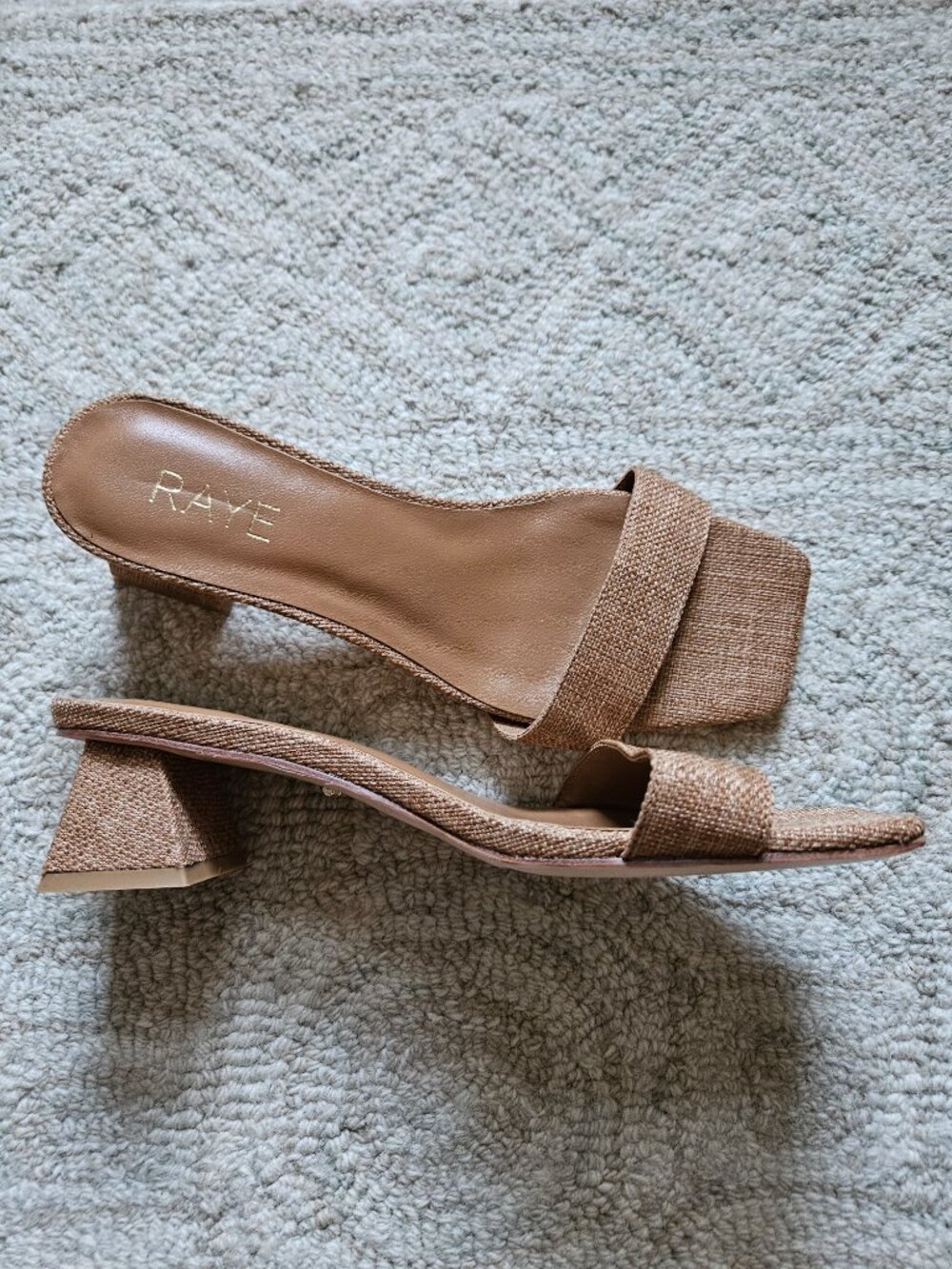 RAYE Tan Woven Block Heel Slide Sandals
